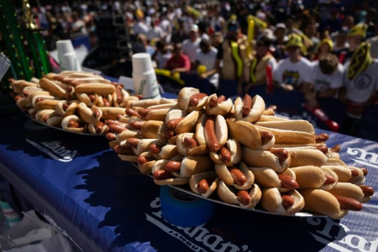 Hot dogs are seen at Nathan's Famous Fourth of July Hot Dog Eating Contest on Coney Island, July 4, 2022 in New York