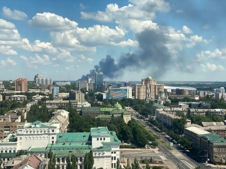 Smoke rises after shelling during Ukraine-Russia conflict in Donetsk