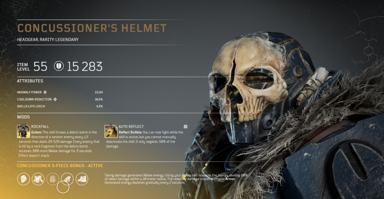 The Concussioner's helmet from the Outriders Worldslayer expansion