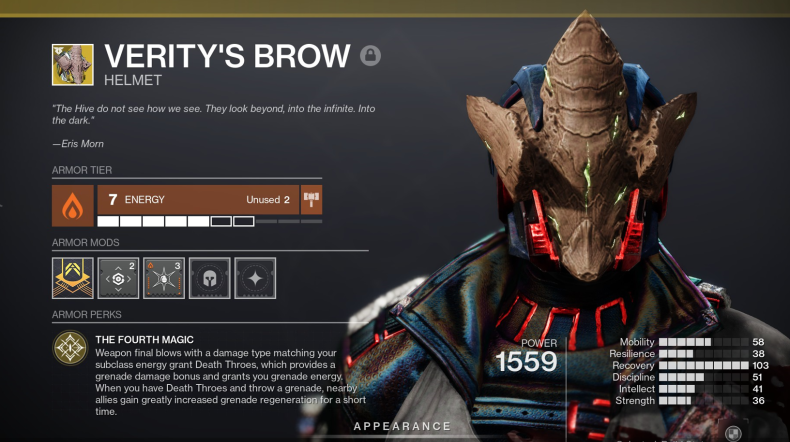 The Verity's Brow exotic helmet for Warlocks in Destiny 2