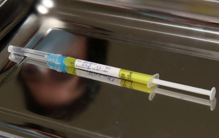 A dose of CureVac vaccine or a placebo is seen during a study by the German biotech firm CureVac as part of a testing for a new vaccine against the coronavirus disease (COVID-19), in Brussels, Belgium March 2, 2021. 