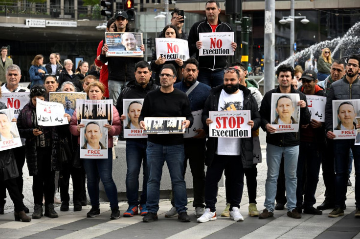 A demonstration supporting the Swedish-Iranian doctor and researcher Ahmadreza Djalali, who is imprisoned and sentenced to death in Iran, was held in Stockholm, Sweden May 14, 2022.  Anders Wiklund/TT News Agency/via 