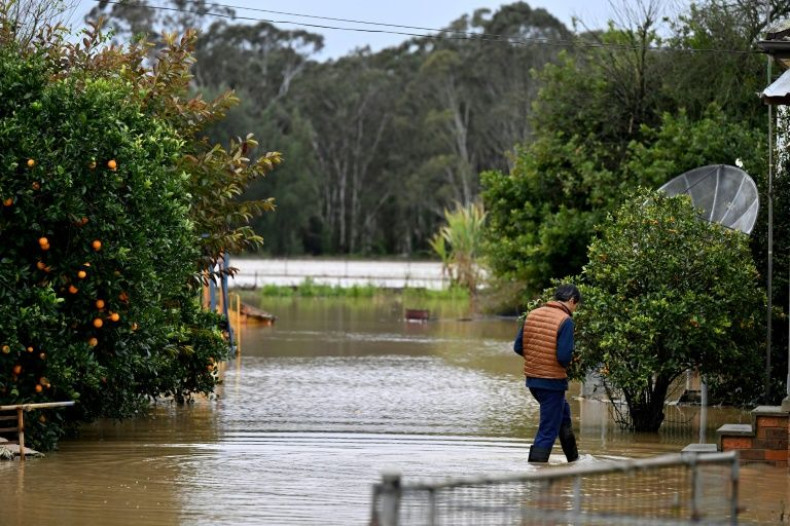 A man wades through mud-brown floodwaters outside his inundated house in western Sydney