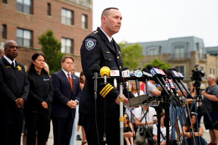 Highland Park Police Chief Louis E. Jogmen speaks during a press conference following the announcement that the suspect in the Illinois attack was charged with 7 counts of first-degree murder the day after a mass shooting at a Fourth of July parade in the