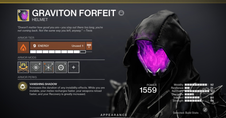 The Graviton Forfeit exotic helmet for Nightstalkers in Destiny 2