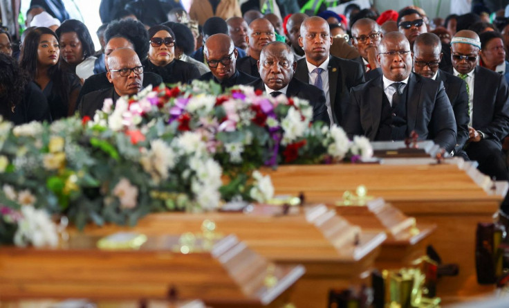 South African President Cyril Ramaphosa looks on as he joins mourners gathered in the coastal city of East London to grieve the still-mysterious deaths of 21 teenagers in a poorly ventilated local tavern, in East London, in the Eastern Cape province, Sout