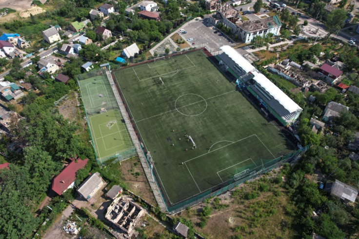 An aerial view shows the Central stadium in the Irpin town, which was heavily damaged during Russia's invasion of Ukraine, outside of Kyiv, Ukraine July 6, 2022.