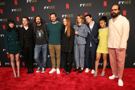 Show creators Matt and Ross Duffer pose with cast members Natalia Dyer, Charlie Heaton, Sadie Sink, Maya Hawke, Noah Schnapp, Priah Ferguson and Brett Gelman at a special event for the television series "Stranger Things" at Raleigh Studios Hollywood in Lo