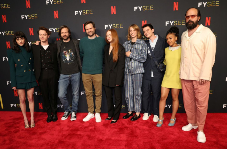 Show creators Matt and Ross Duffer pose with cast members Natalia Dyer, Charlie Heaton, Sadie Sink, Maya Hawke, Noah Schnapp, Priah Ferguson and Brett Gelman at a special event for the television series "Stranger Things" at Raleigh Studios Hollywood in Lo