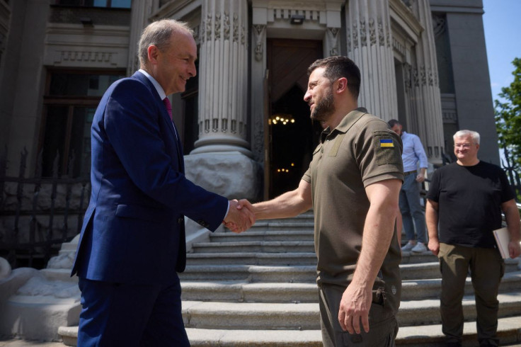 Ukraine's President Volodymyr Zelenskiy welcomes Ireland's Prime Minister (Taoiseach) Micheal Martin before a meeting, as Russia's attack on Ukraine continues, in Kyiv, Ukraine July 6, 2022. Ukrainian Presidential Press Service/Handout via REUTERS