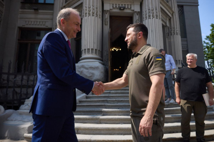 Ukraine's President Volodymyr Zelenskiy welcomes Ireland's Prime Minister (Taoiseach) Micheal Martin before a meeting, as Russia's attack on Ukraine continues, in Kyiv, Ukraine July 6, 2022. Ukrainian Presidential Press Service/Handout via REUTERS 