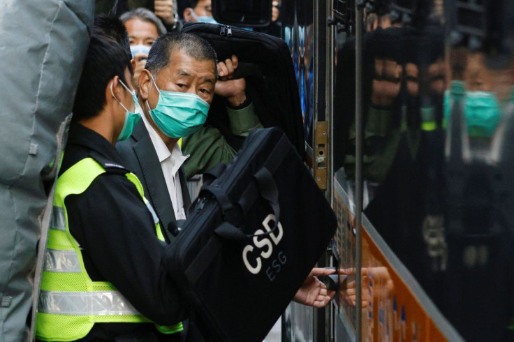 Media tycoon Jimmy Lai, founder of Apple Daily, looks on as he leaves the Court of Final Appeal by prison van, in Hong Kong, China February 1, 2021. 