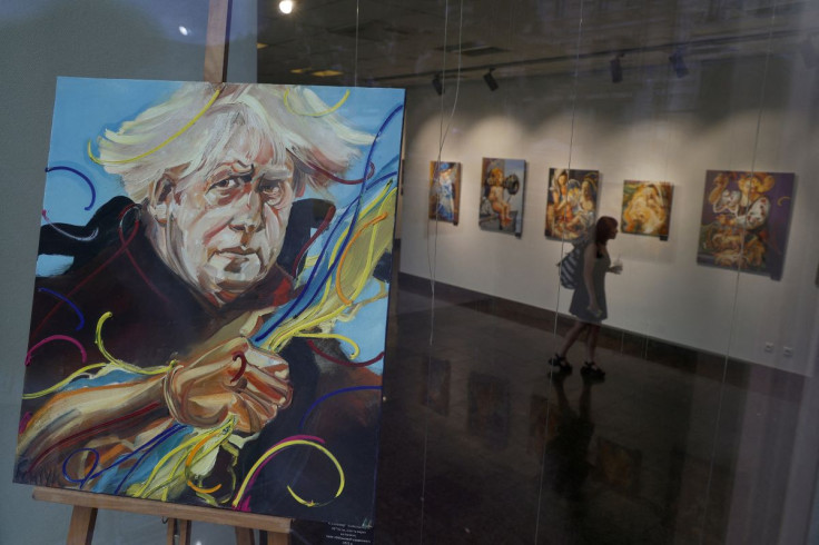 A portrait of British Prime Minister Boris Johnson is seen at a gallery, as Russia's attack on Ukraine, in Kyiv, Ukraine July 6, 2022. 