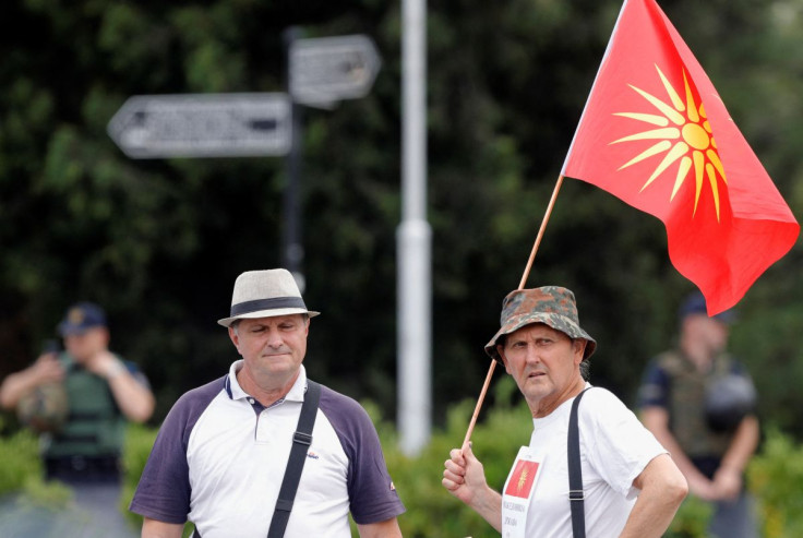 Supporters of North Macedonia's biggest opposition party VMRO-DPMNE rally in Skopje, North Macedonia July 8, 2022.