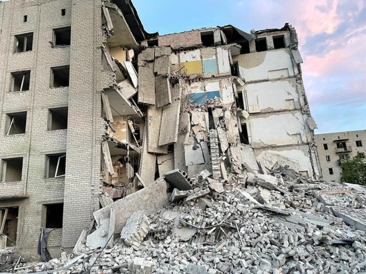 A general view of a building damaged after a missile strike, amid Russia's invasion of Ukraine, at a location given as Chasiv Yar, Ukraine, in this handout image released July 10, 2022. Donetsk region governor Pavlo Kyrylenko/Handout via REUTERS 