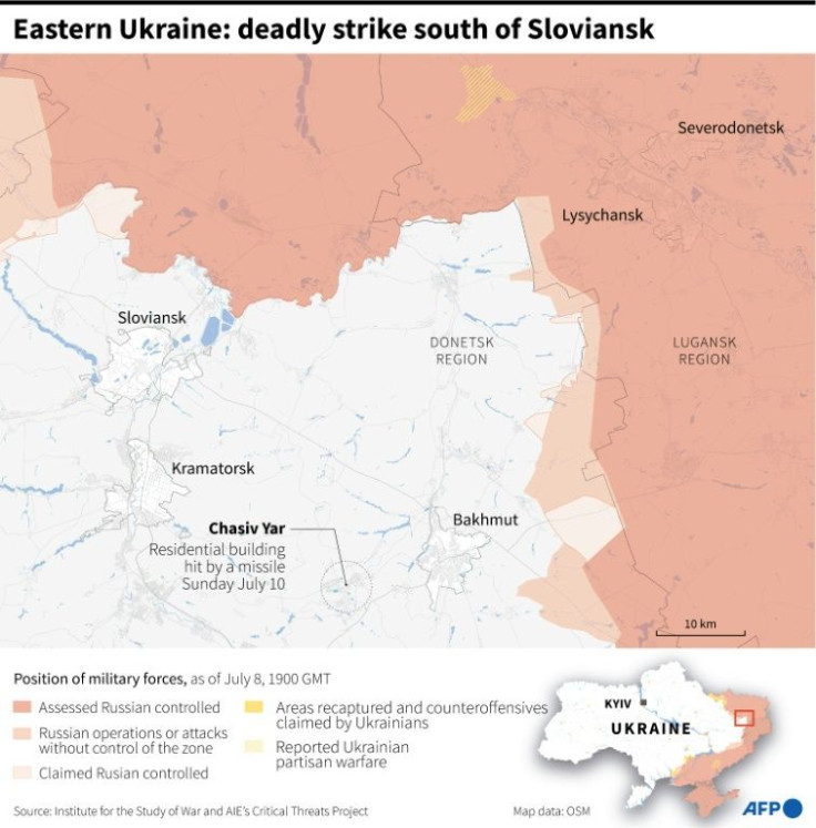 Map of the front line in eastern Ukraine locating a deadly missing strike on a residential building in town of Chasiv Yar on Sunday.