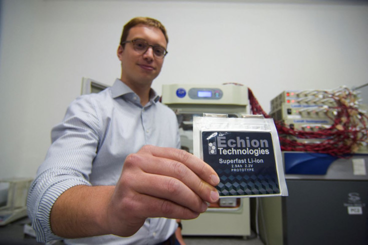 Echion Technologies CEO Jean de La Verpilliere holds up a commercial format prototype battery made using a niobium anode that enables it to charge in minutes at the battery startupâs headquarters in Cambridge, Britain, June 13, 2022.