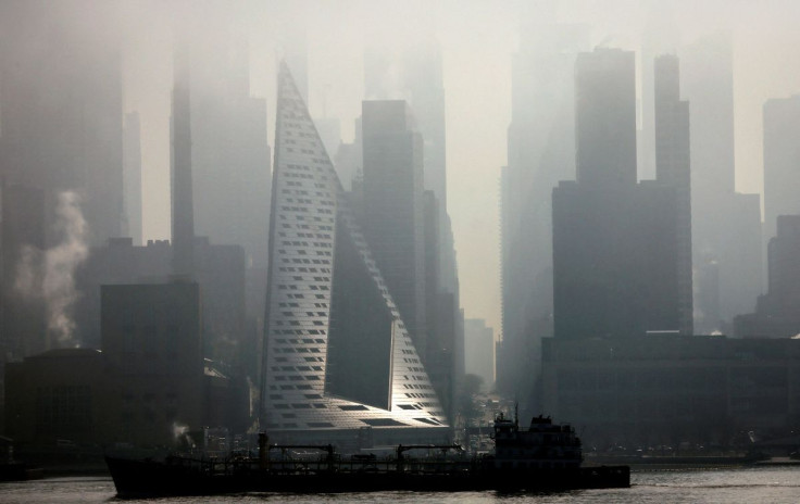 A ship on the Hudson River passes the New York City skyline of midtown Manhattan in heavy fog in New York, U.S., March 10, 2022.