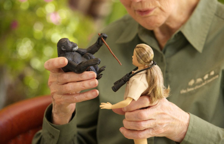 A handout picture shows primatologist Jane Goodall holding the new Jane Goodall Barbie doll and David Greybeard Chimpanzee, in Los Angeles, U.S., April 2022. Jane Goodall Institute/Handout via REUTERS