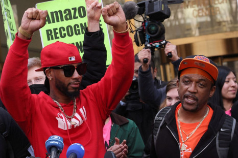 Amazon Labour Union (ALU) organizer Gerald Bryson speaks to the media as ALU members celebrate official victory after hearing results regarding the vote to unionize, outside the NLRB offices in Brooklyn, New York City, U.S., April 1, 2022. 