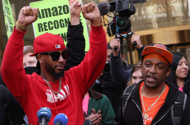 Amazon Labour Union (ALU) organizer Gerald Bryson speaks to the media as ALU members celebrate official victory after hearing results regarding the vote to unionize, outside the NLRB offices in Brooklyn, New York City, U.S., April 1, 2022. 