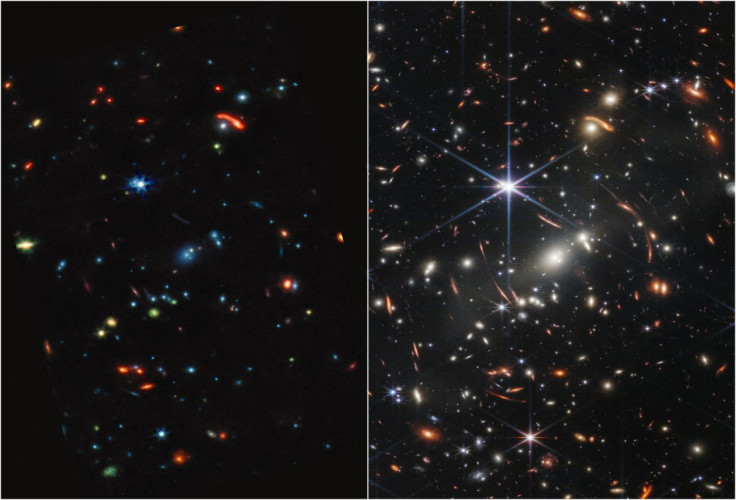 Two full-color images from NASA's James Webb Space Telescope, a revolutionary apparatus designed to peer through the cosmos to the dawn of the universe, show composites made from images at Mid-Infrared (L) & Near-Infrared (R) and released July 12, 2022.  