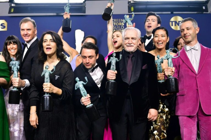 The cast of "Succession" led by Brian Cox (3rd from R) and Jeremy Strong (R) won a SAG award for best ensemble earlier this year, and the HBO show is leading the Emmys race