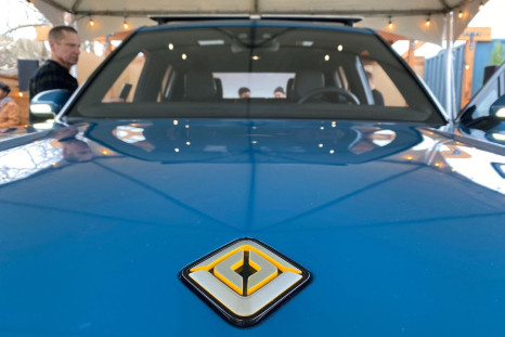 The logo for electric vehicle company Rivian is seen on the hood of its R1T all-electric truck in Mill Valley, California, U.S., January 25, 2020. 