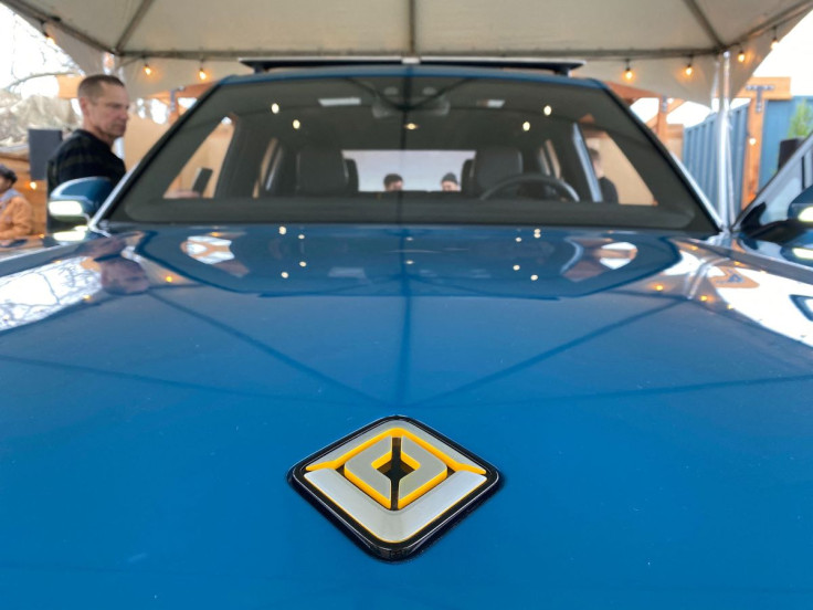 The logo for electric vehicle company Rivian is seen on the hood of its R1T all-electric truck in Mill Valley, California, U.S., January 25, 2020.