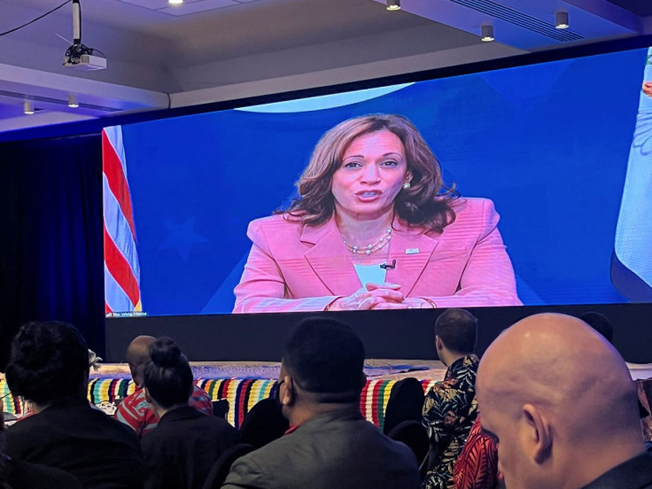 U.S. Vice President Kamala Harris speaks remotely on a video screen during the Pacific Islands Forum at the Grand Pacific Hotel, in Suva, Fiji July 13, 2022.