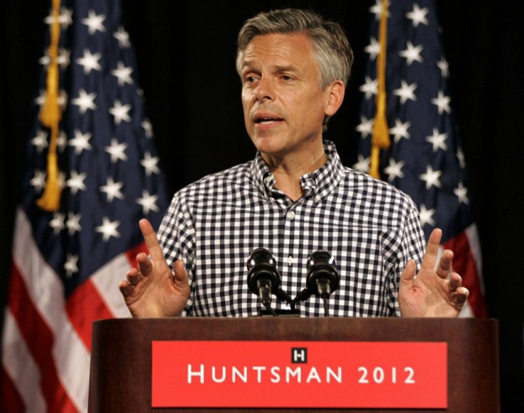 Jon Huntsman speaks at a rally after announcing his candidacy for the Republican U.S. presidential 2012 campaign in Exeter