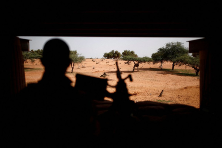 A French soldier stands guard in a watchtower at the Relay Desert Platform Camp (PfDR) during Operation Barkhane in Gossi, Mali, July 30, 2019. Picture taken July 30, 2019. 