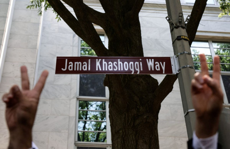 Human rights organizations celebrate the unveiling of 'Jamal Khashoggi Way' outside of the Embassy of Saudi Arabia in honor of the murdered Saudi born journalist Jamal Khashoggi, in Washington, U.S., June 15, 2022.