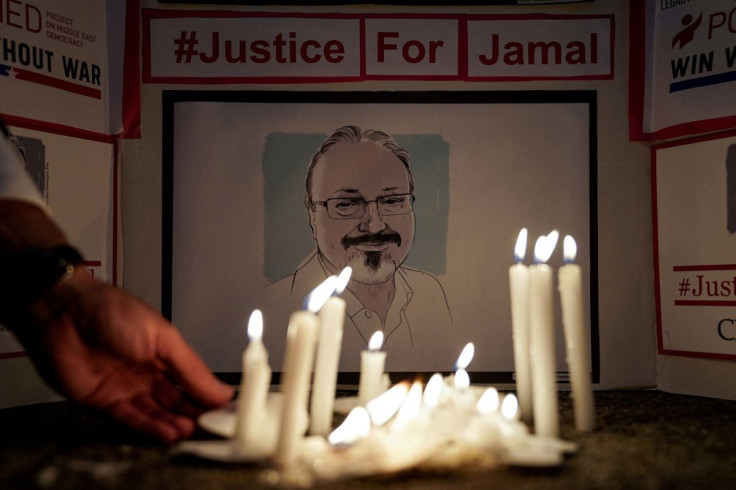 The Committee to Protect Journalists and other press freedom activists hold a candlelight vigil in front of the Saudi Embassy to mark the anniversary of the killing of journalist Jamal Khashoggi at the kingdom's consulate in Istanbul, Wednesday evening in