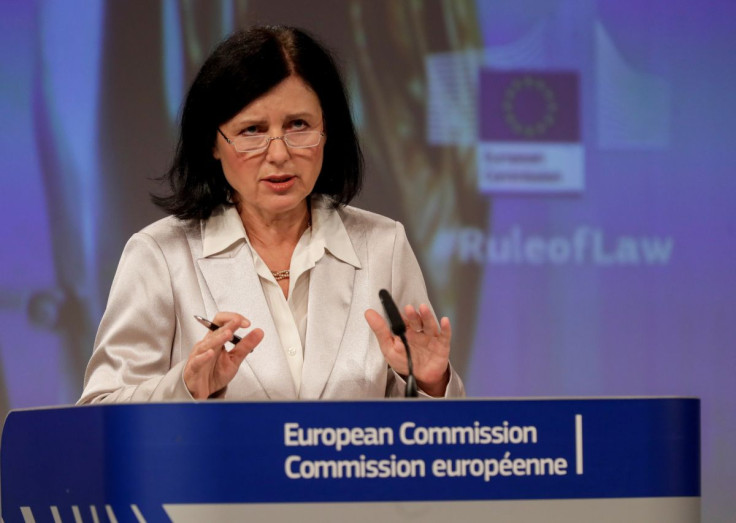 European Commissioner for Values and Transparency Vera Jourova gives a news conference on the 2020 Annual Rule of Law Report in Brussels, Belgium, September 30, 2020. Olivier Hoslet/Pool via REUTERS