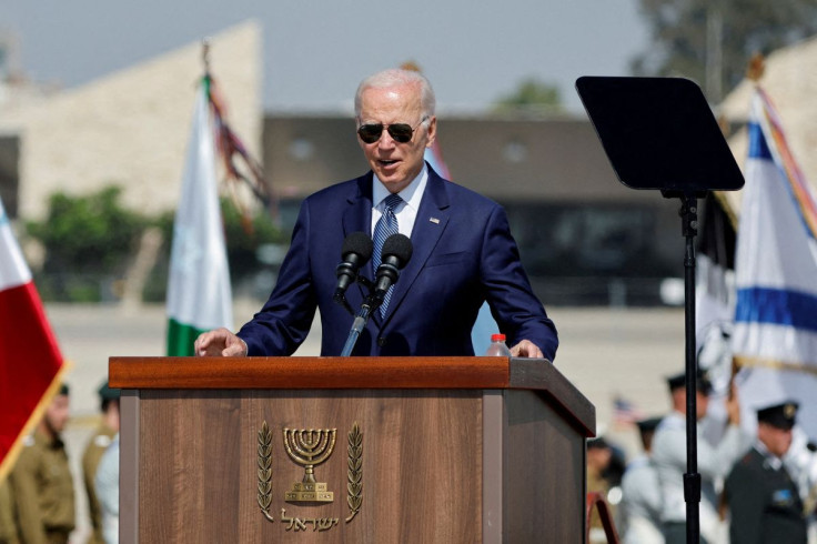 U.S. President Joe Biden delivers remarks during a welcoming ceremony at Ben Gurion International Airport in Lod, near Tel Aviv, Israel, July 13, 2022.
