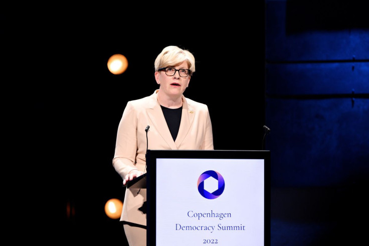Lithuania's Prime Minister Ingrida Simonyte speaks under the heading "Standing up to Authoritarianism â View from Lithuania" during Copenhagen Democracy Summit in the Skuespilhuset in Copenhagen, Denmark, June 10, 2022. Ritzau Scanpix/Philip Davali via
