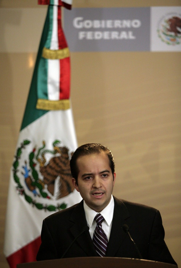 Mexican National Security spokesman Alejandro Poire addresses the media in a news conference over arrest of Jose  de Jesus Mendez