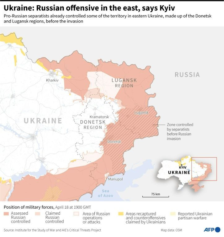 Map of eastern Ukraine showing the Donetsk and Lugansk regions which formed the Donbas