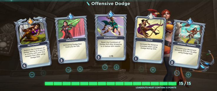 A Cassie card loadout that focuses on aggressive gameplay with her Dodge Roll ability in Paladins
