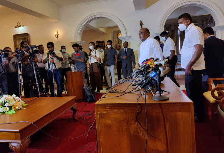 Sri Lanka's Parliament speaker Mahinda Yapa Abeywardena leaves after a news conference, amid the country's economic crisis, in Colombo, Sri Lanka July 15, 2022.