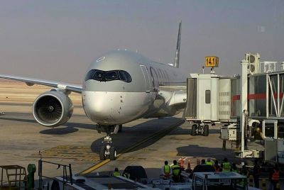 A Qatar Airways passenger jet is seen at Riyadh's Hamad International Airport in this file picture taken on January 11, 2021