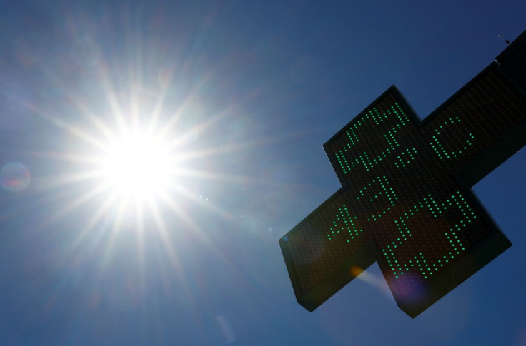 A pharmacy thermometer shows a temperature of 43 degrees Celsius (109.4F), as a heat wave hits France, in Nantes, France, July 13, 2022. 