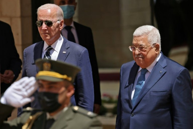 Biden is received by Palestinian president Mahmud Abbas in Bethlehem