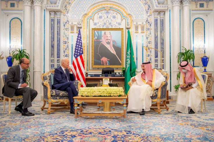 Saudi King Salman bin Abdulaziz receives U.S. President Joe Biden at Al Salman Palace upon his arrival in Jeddah, Saudi Arabia, July 15, 2022. Bandar Algaloud/Courtesy of Saudi Royal Court/Handout via REUTERS 