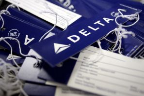 Delta airline name tags are seen at Delta terminal in JFK Airport in New York, July 30, 2008. 