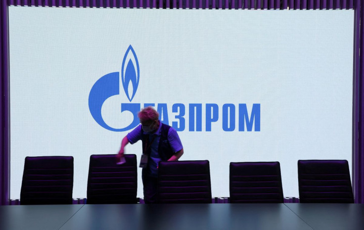 A view shows a screen with the logo of Gazprom at the St. Petersburg International Economic Forum (SPIEF) in Saint Petersburg, Russia June 17, 2022. 