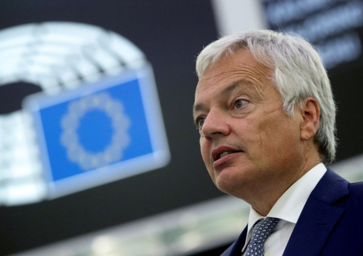 European Justice Commissioner Didier Reynders addresses the European Parliament plenary session in Strasbourg, France September 15, 2021.