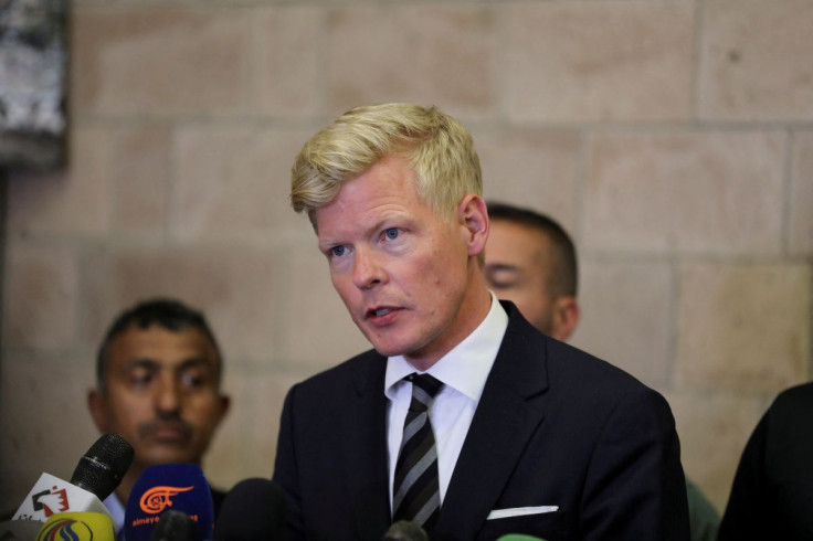 U.N. Special Envoy for Yemen Hans Grundberg speaks to reporters upon his arrival at the Sanaa International Airport, in Sanaa, Yemen June 8, 2022.