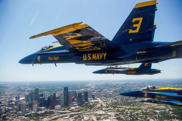 The U.S. Navy Flight Demonstration Squadron, the Blue Angels, perform a flyover as part a tour of U.S. cities to honor first responders and essential workers during the outbreak of the coronavirus disease (COVID-19) over Houston, Texas, May 6, 2020. U.S.